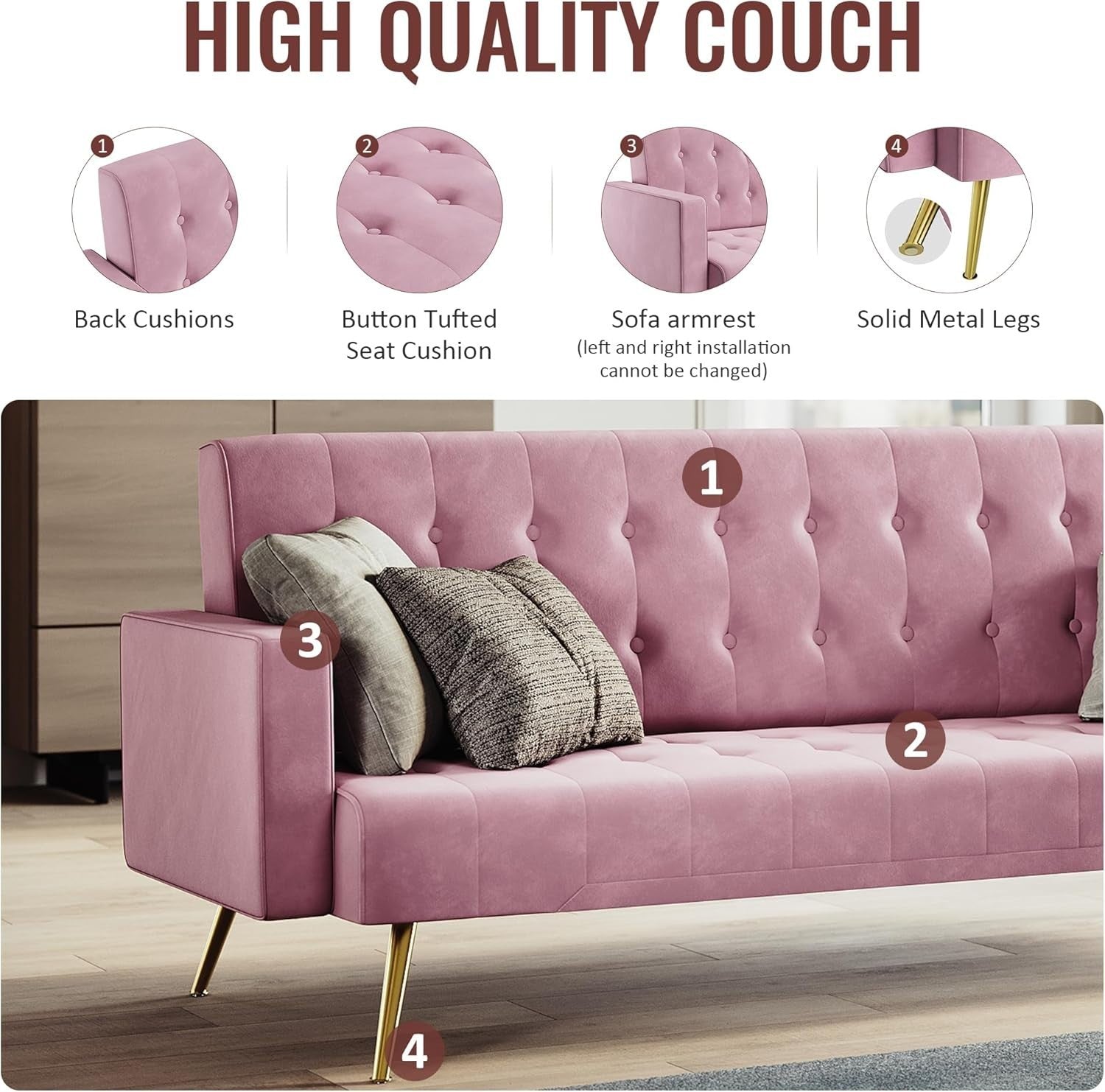 Pink  Velvet Sofa Bed 3 Seater Click Clack Couch for Lounge Home Office