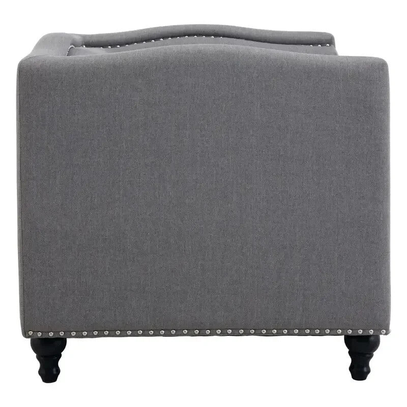 Grey Fabric Armchair – Boxy Design, Stud Trim, Modern Lounge Accent Seat