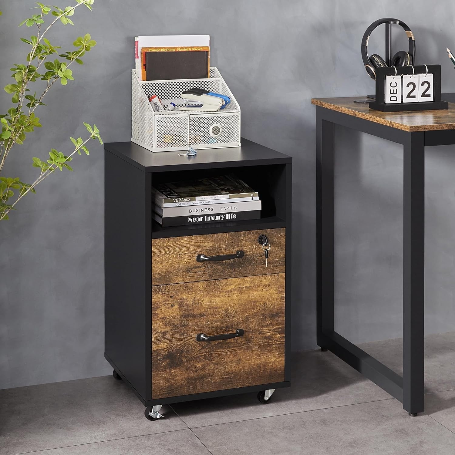 2pc Rustic Brown Rolling File Cabinets A4 Letter Drawers Printer Stand
