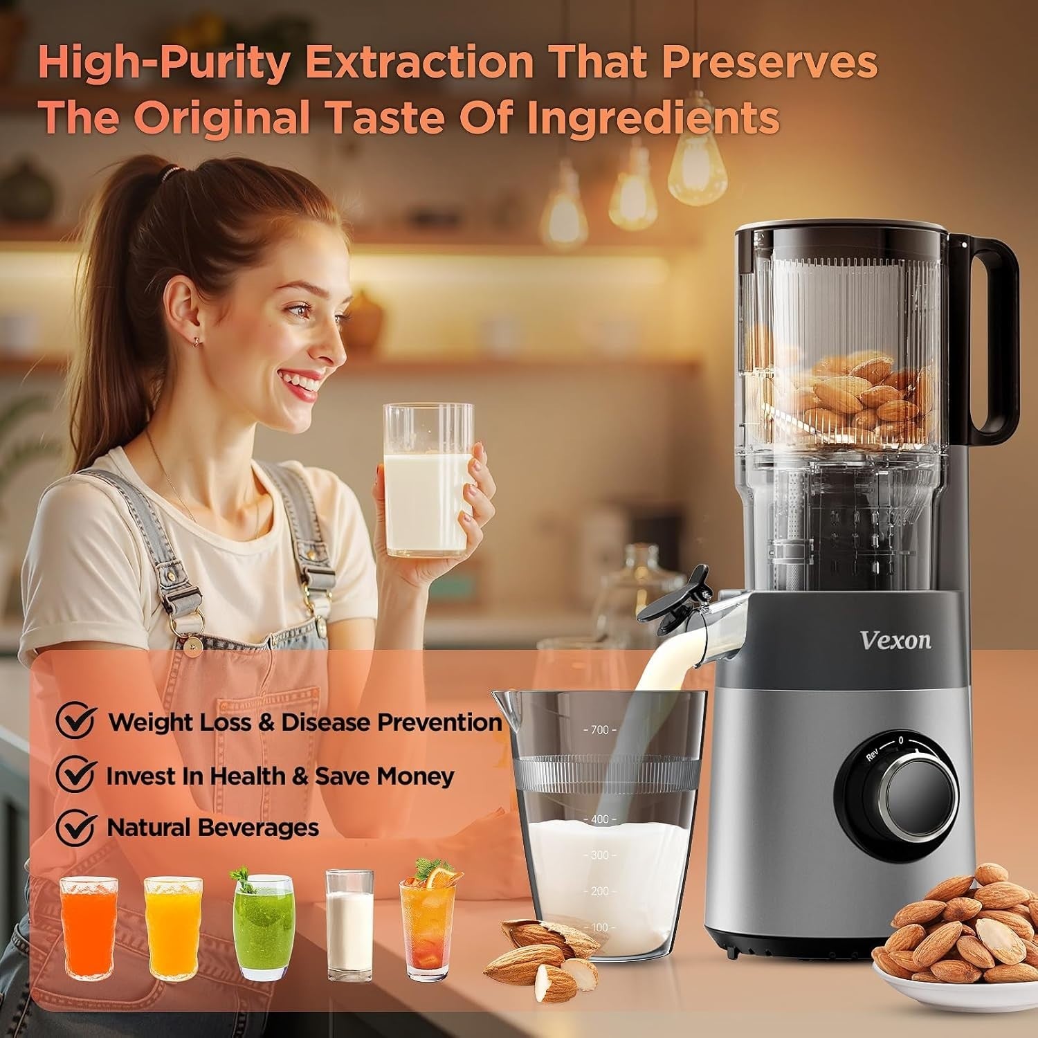 Cold Press Juicer Whole Fruit 5in Feed Chute High Juice Yield Easy Clean