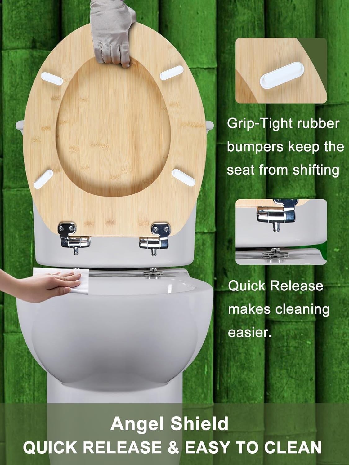 Bamboo Toilet Seat Soft Close O Shape Quick Release Adjustable Top Fix 45x37cm