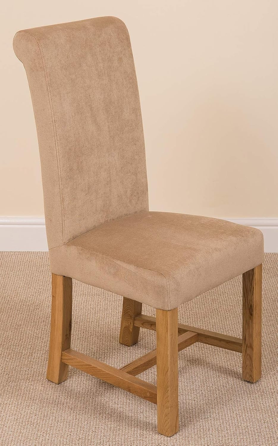 6 Beige Fabric Chairs Oak Dining Table Set Solid Wood 125x80cm Modern