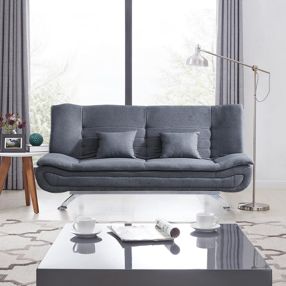 Grey Linen 3 Seater Sofa Bed Double Futon with Pillows, 188cm Convertible