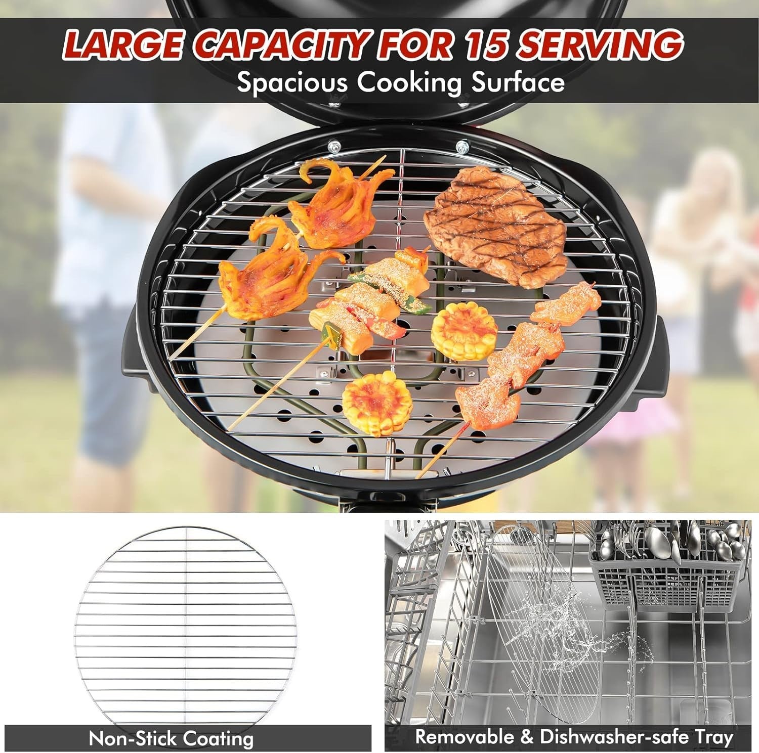 1600W Electric BBQ Grill with Stand | Non-Stick Rack, Adjustable Temp