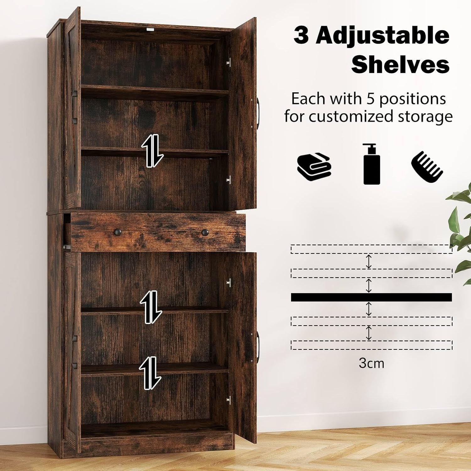 Tall Kitchen Cupboard Rustic Brown 4-Door Buffet Pantry Cabinet