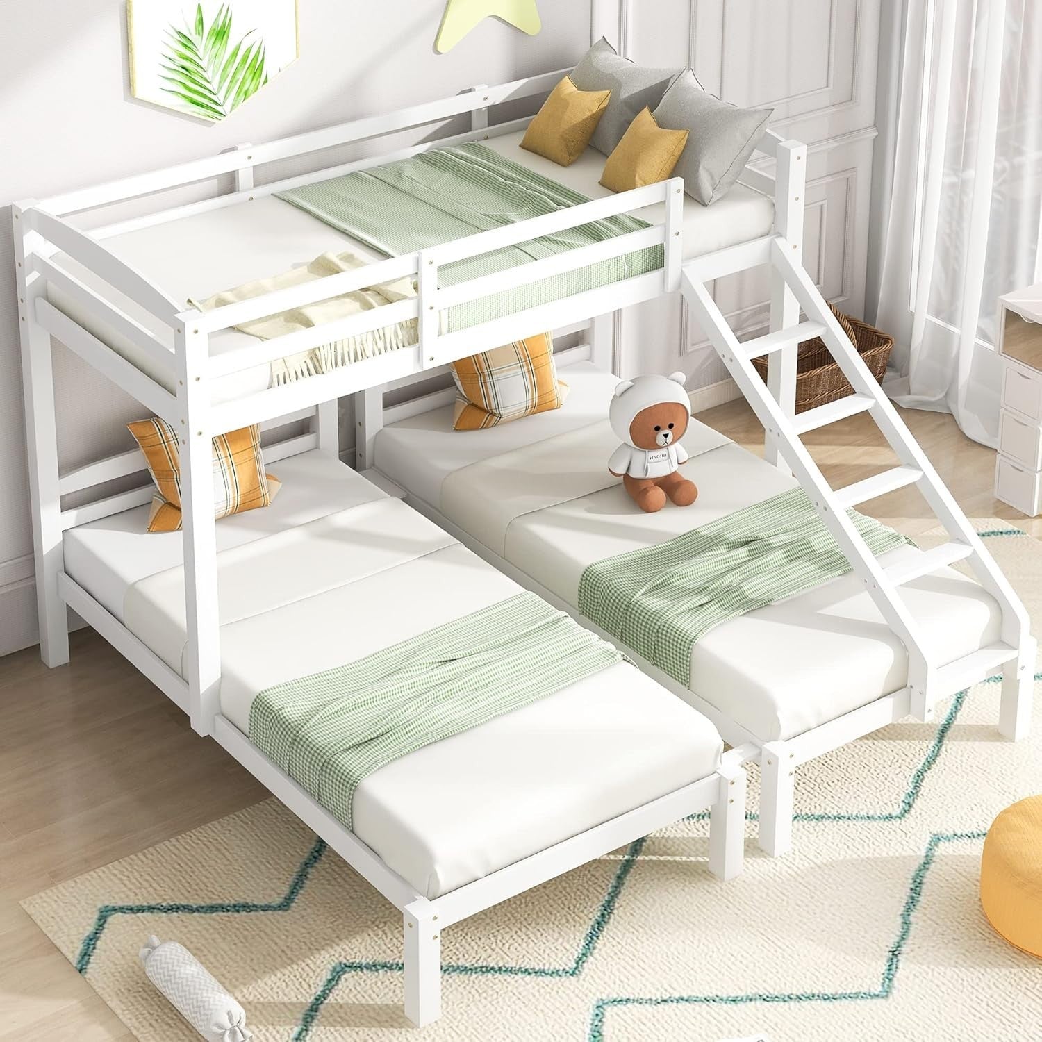 Triple Bunk Bed White with Stairs Full Twin Kids Sleeper Space Saver