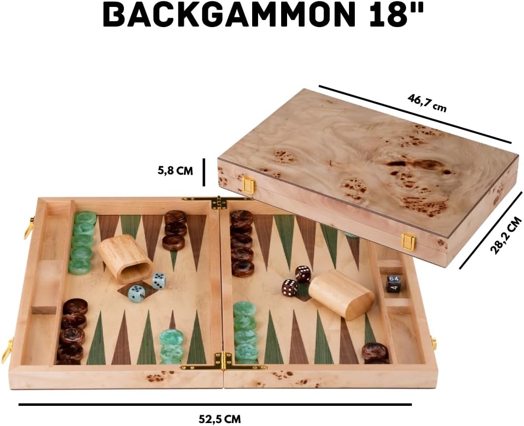 Luxury Wooden Backgammon Set 18 Inch Burl Wood Board Dice Cups
