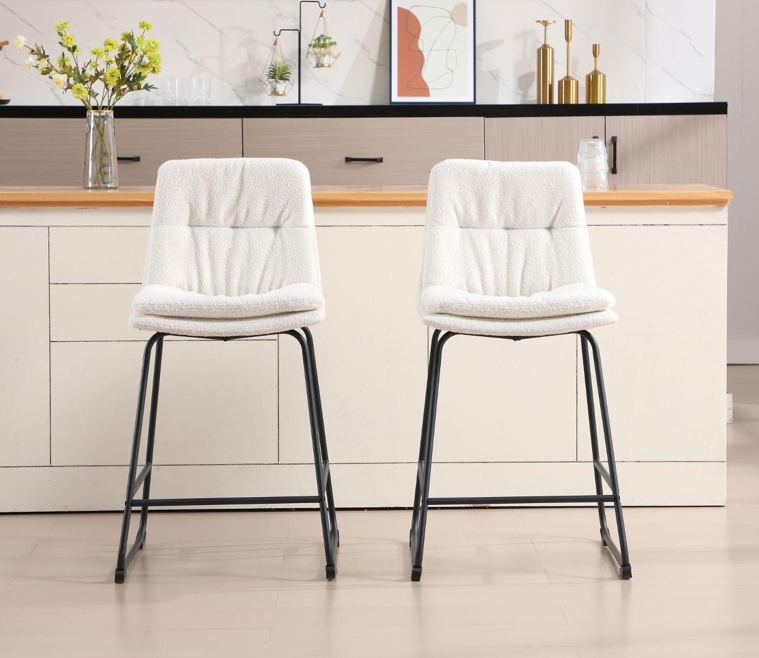 Modern White Bar Stools Set of 2 – Teddy Fabric Counter Chairs