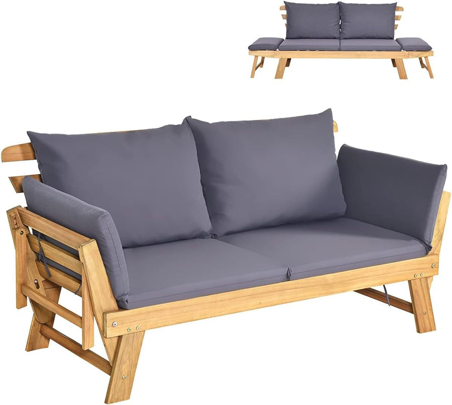 3-in-1 Outdoor Wooden Sofa Bed Lounger | 142×71×76cm | Reclining Daybed