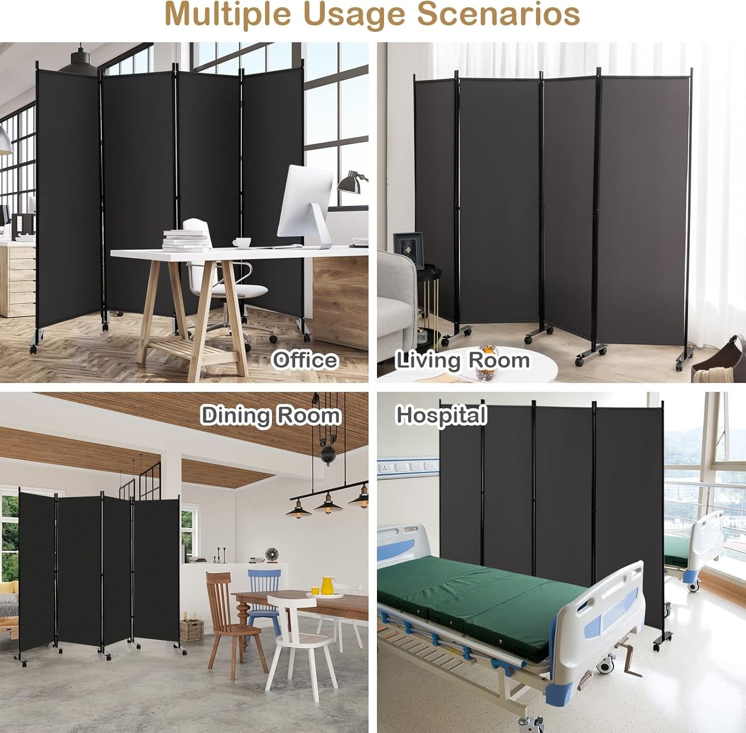 4-Panel Grey Folding Room Divider 224x30x172cm Privacy Screen Partition
