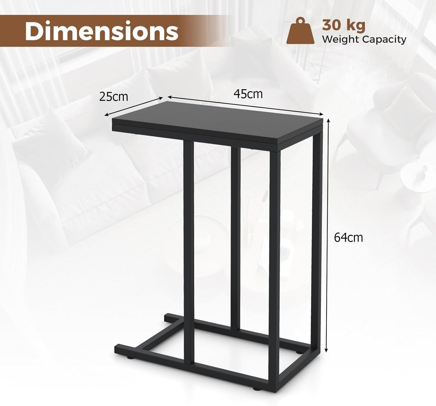 C-Shaped Side Table Black | Industrial Sofa Snack Laptop Table for Small Spaces