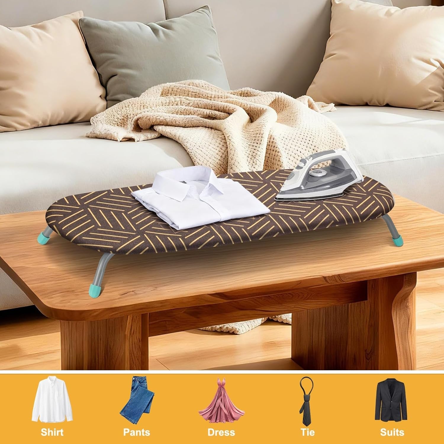 Small Tabletop Ironing Board Portable Non Slip Travel Board Blue Gold