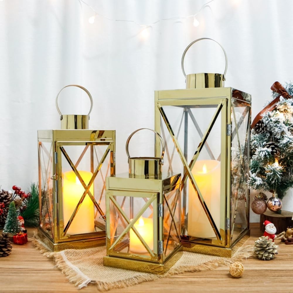 Set of 3 Gold Stainless Steel Lanterns Candle Holders