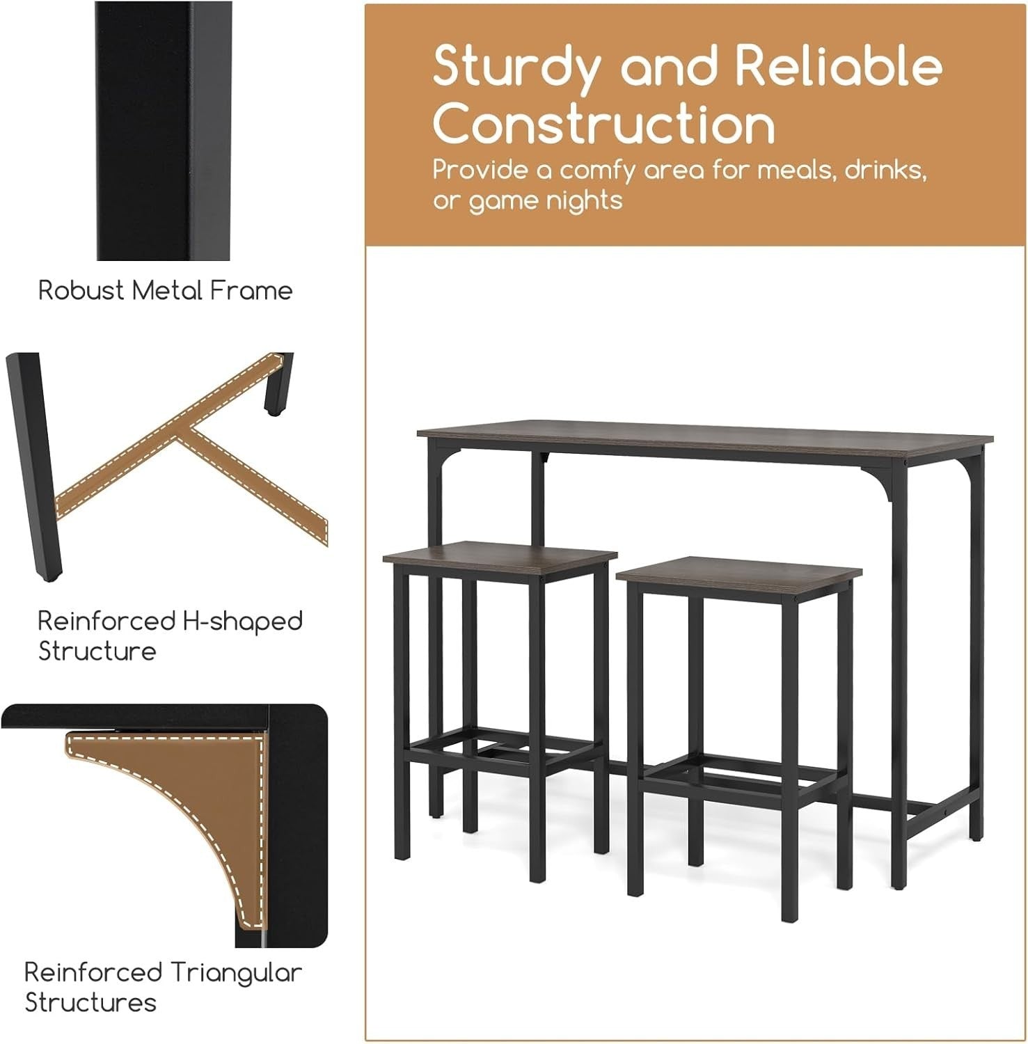 3PCS Gray+Black Bar Table Set with 2 Stools, Metal Frame Dining Set Furniture