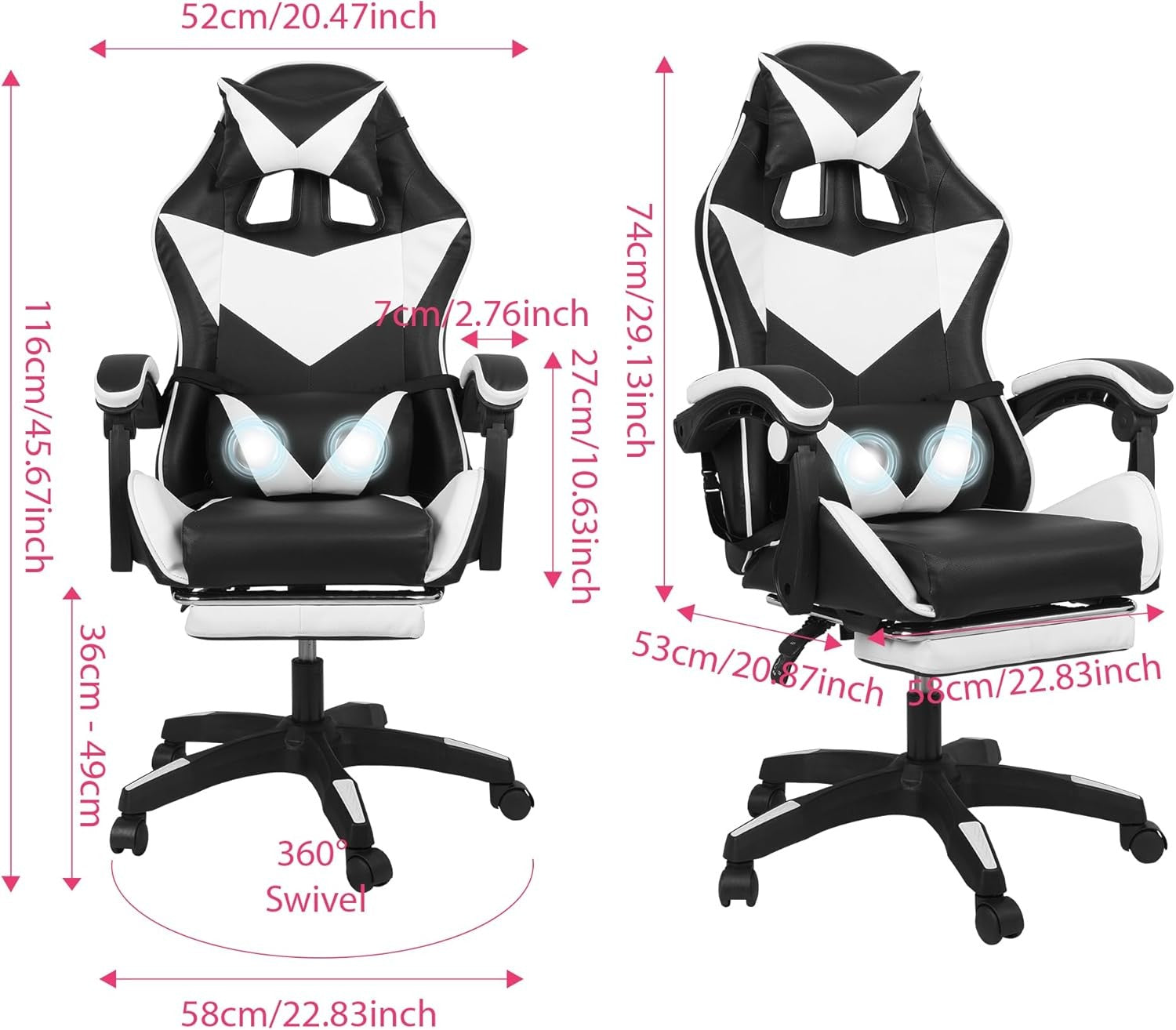 Ergonomic Gaming Chair Massage Reclining Footrest Black White