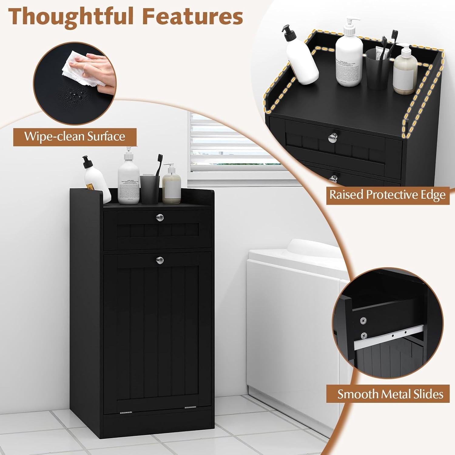 Black Tilt-Out Laundry Cabinet with Drawer & Removable Liner Modern Bathroom Sto