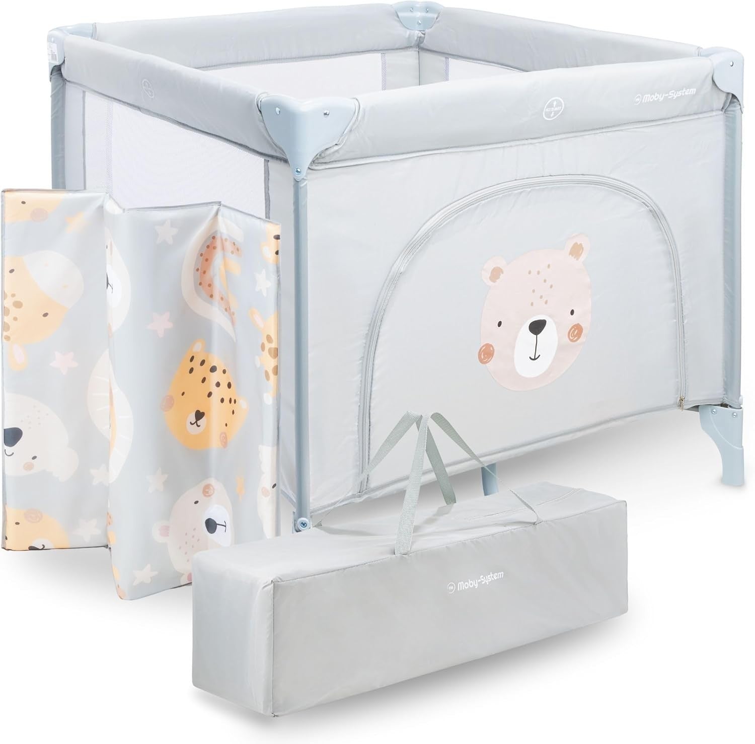 Children's Playpen with Mattress and Transport Bag Teddy Bear Folding Wheels