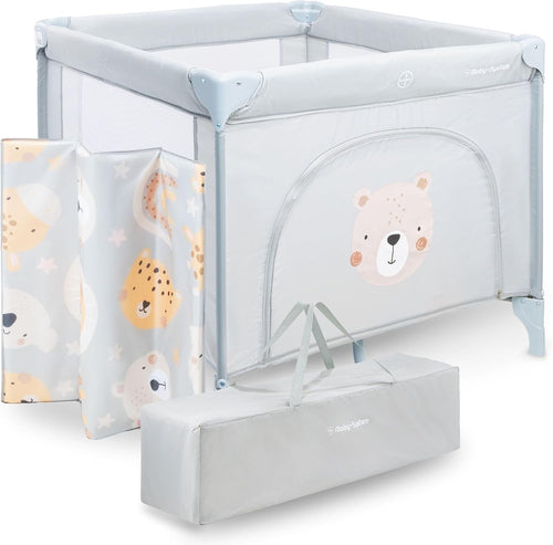 Children's Playpen with Mattress and Transport Bag Teddy Bear Folding Wheels