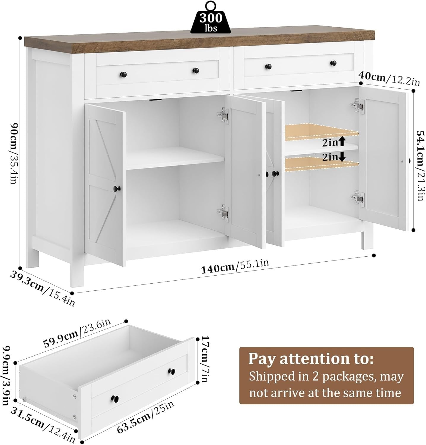 Modern White Sideboard with Adjustable Shelf 2 Drawers 4 Compartments