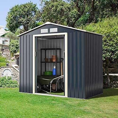 Metal Garden Storage Shed 7x4ft Waterproof Outdoor Tool Shed with Sliding Doors