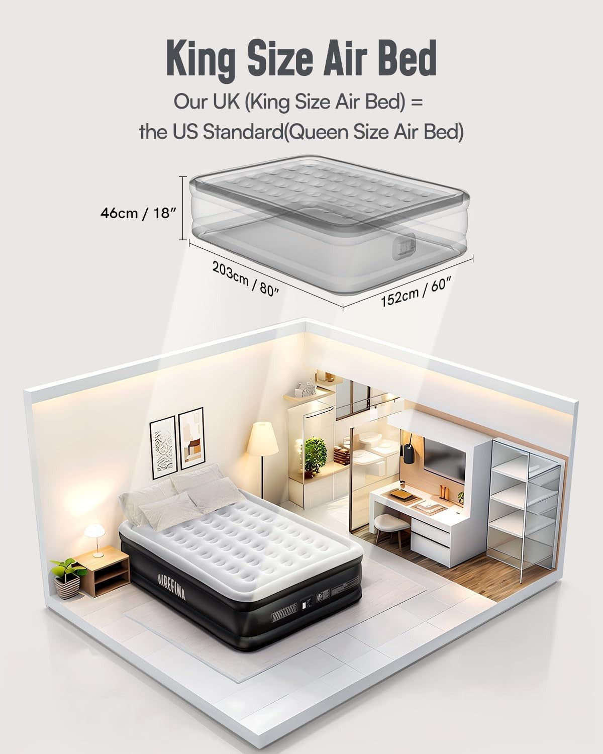 King Size Inflatable Air Mattress – Built-In Pump, 3 Min Fast Inflation, 46cm Co