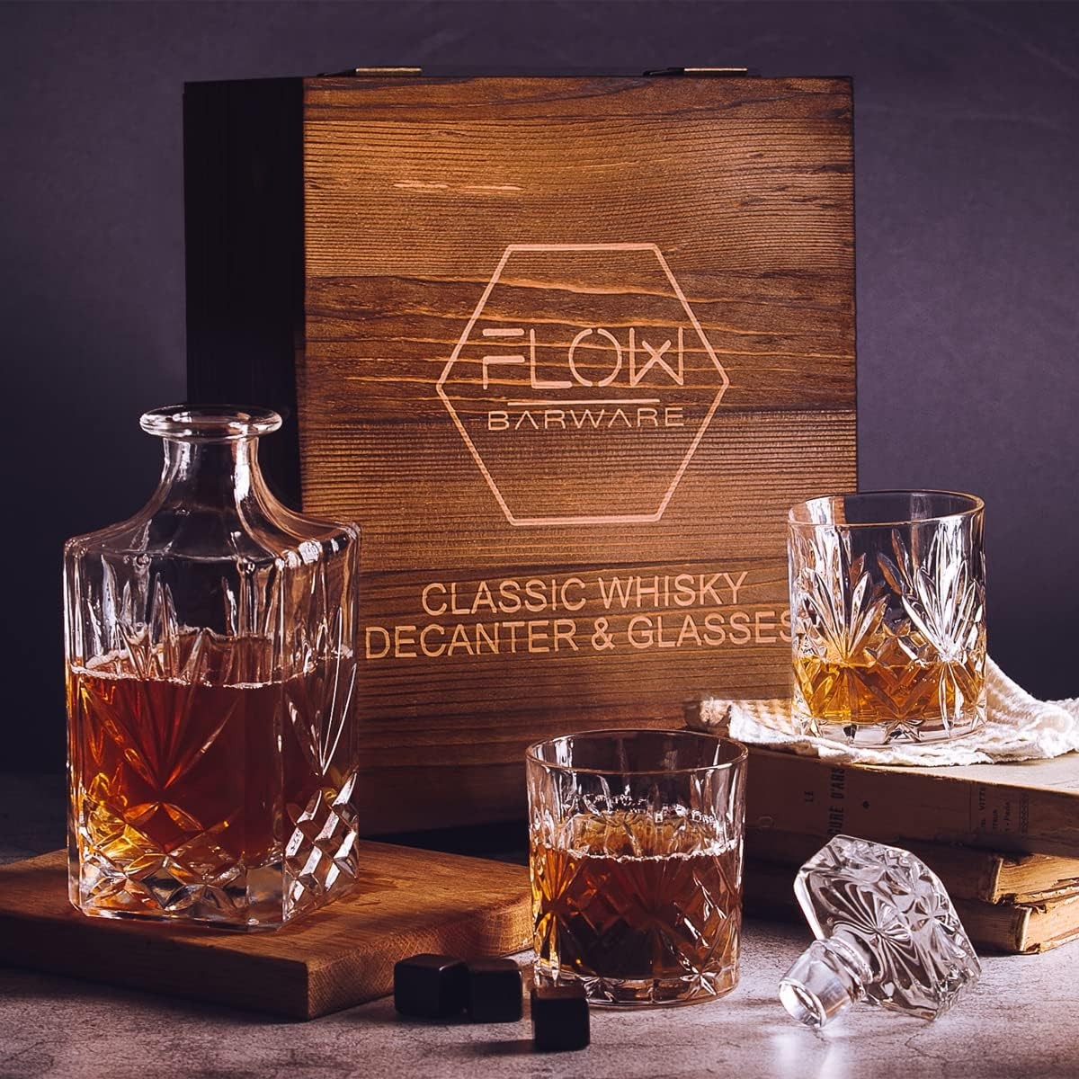 750ml Whiskey Decanter Gift Set with 2 Glasses Stones & Wooden Box Luxury Men