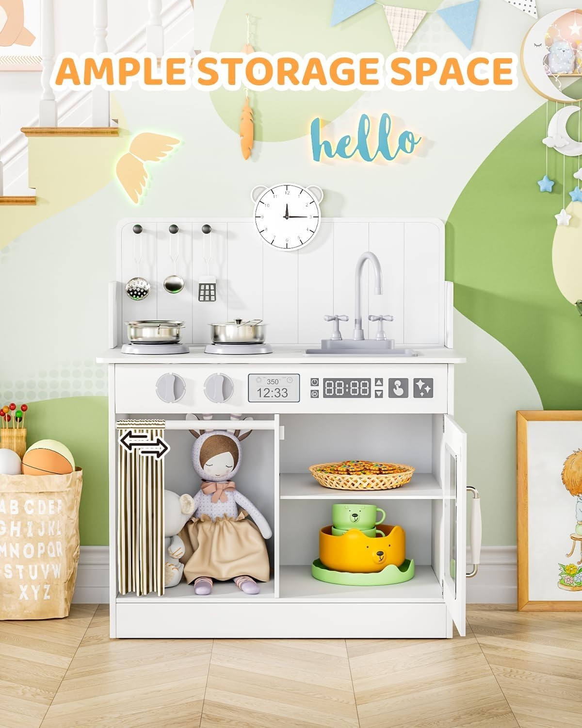 Wooden Kids Play Kitchen White Cooker Sink Toy Set w Storage & Clock