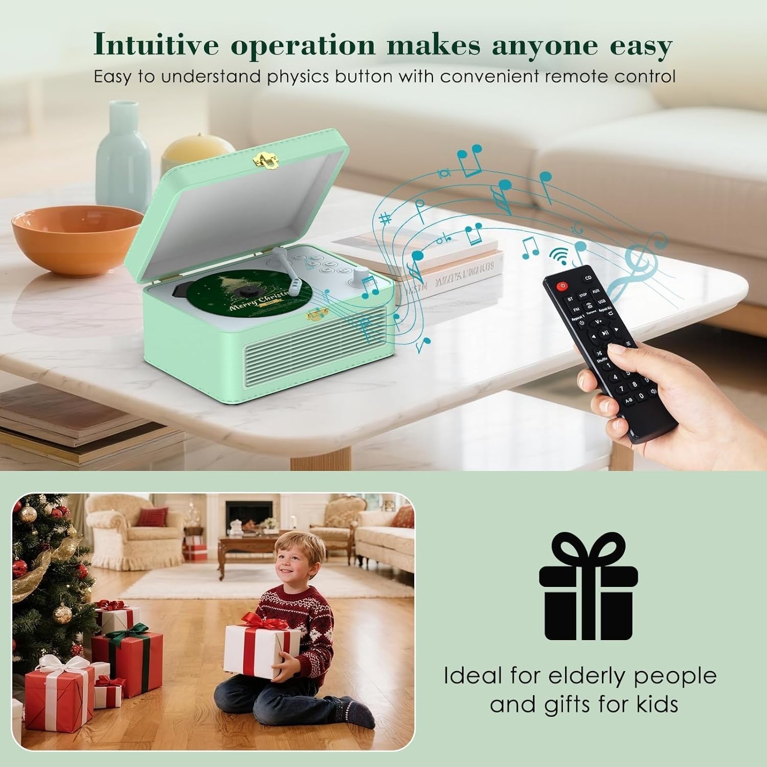 Retro Bluetooth CD Player FM Radio USB AUX HiFi Speakers Green PU