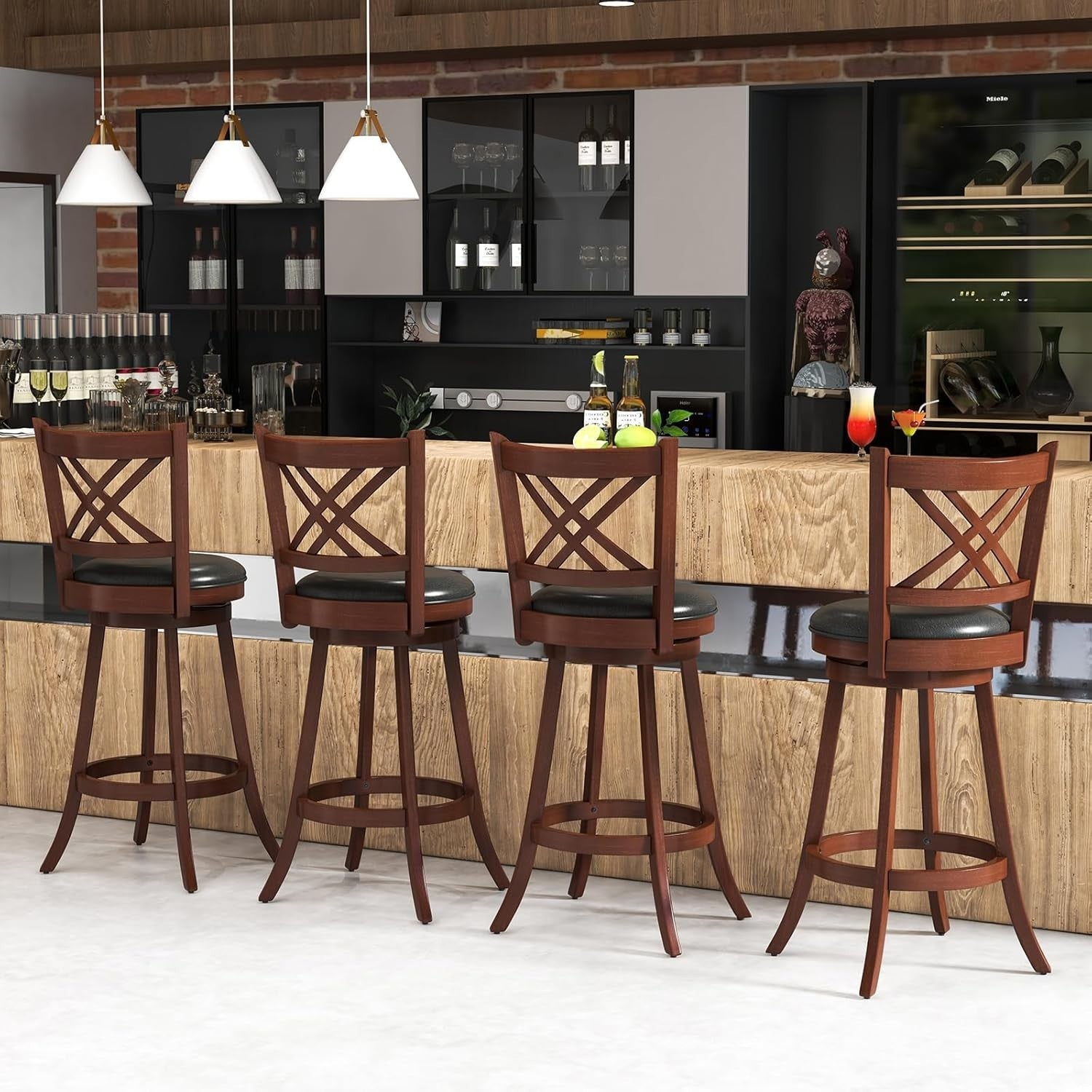Espresso Black Swivel Bar Stools Set of 2 – Rubber Wood Counter Chairs