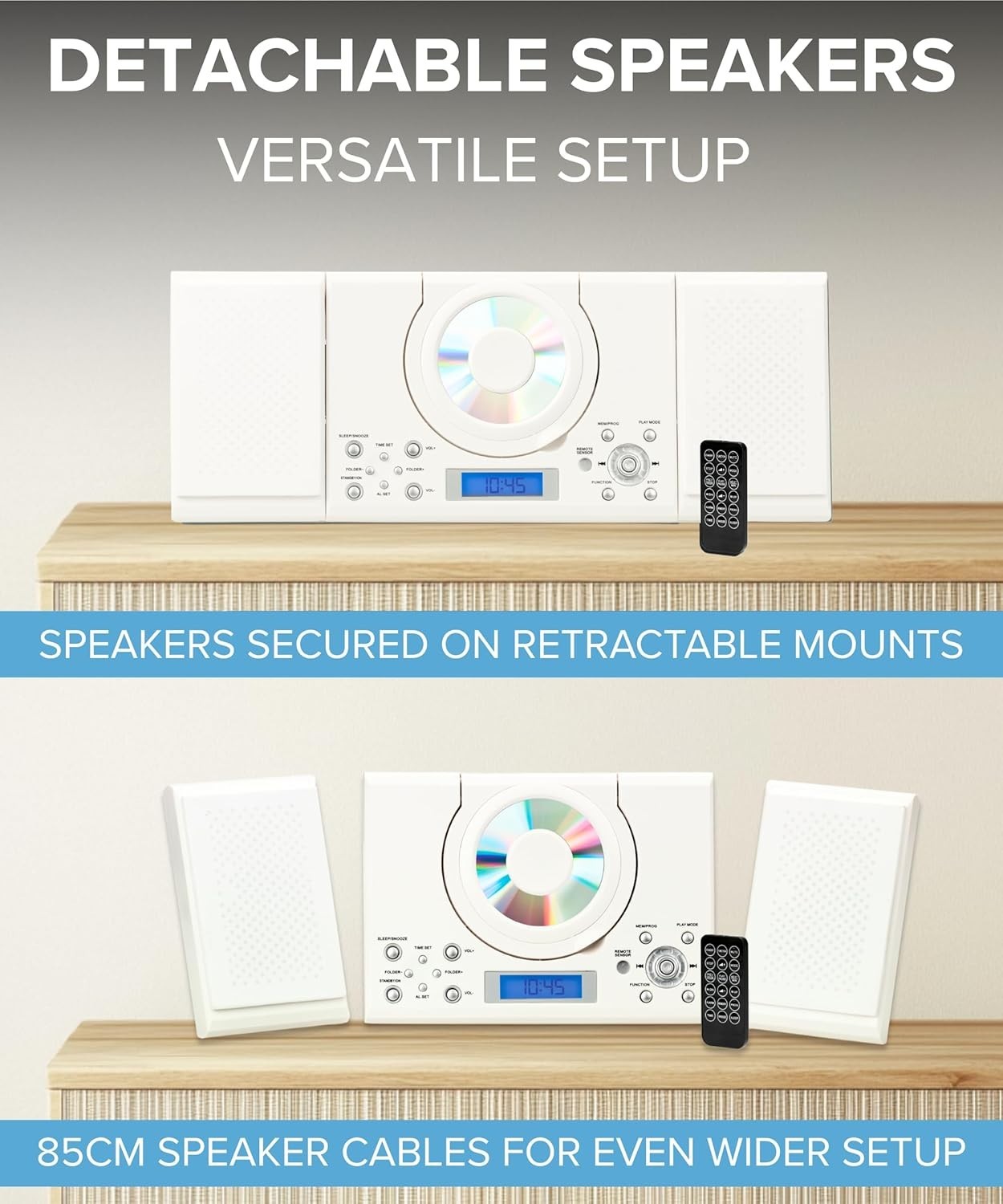 Wall Mount CD Player Stereo System USB MP3 FM Radio Alarm Remote Control White
