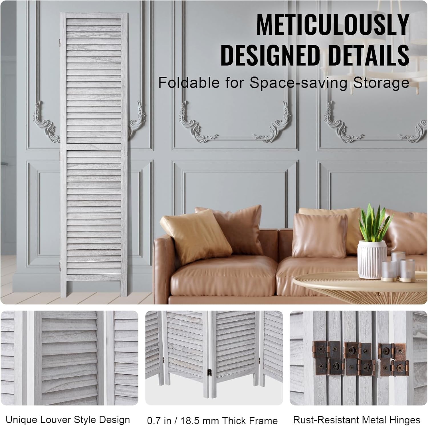 6 Panel Wooden Folding Room Divider Light Grey Privacy Screen 242x170cm