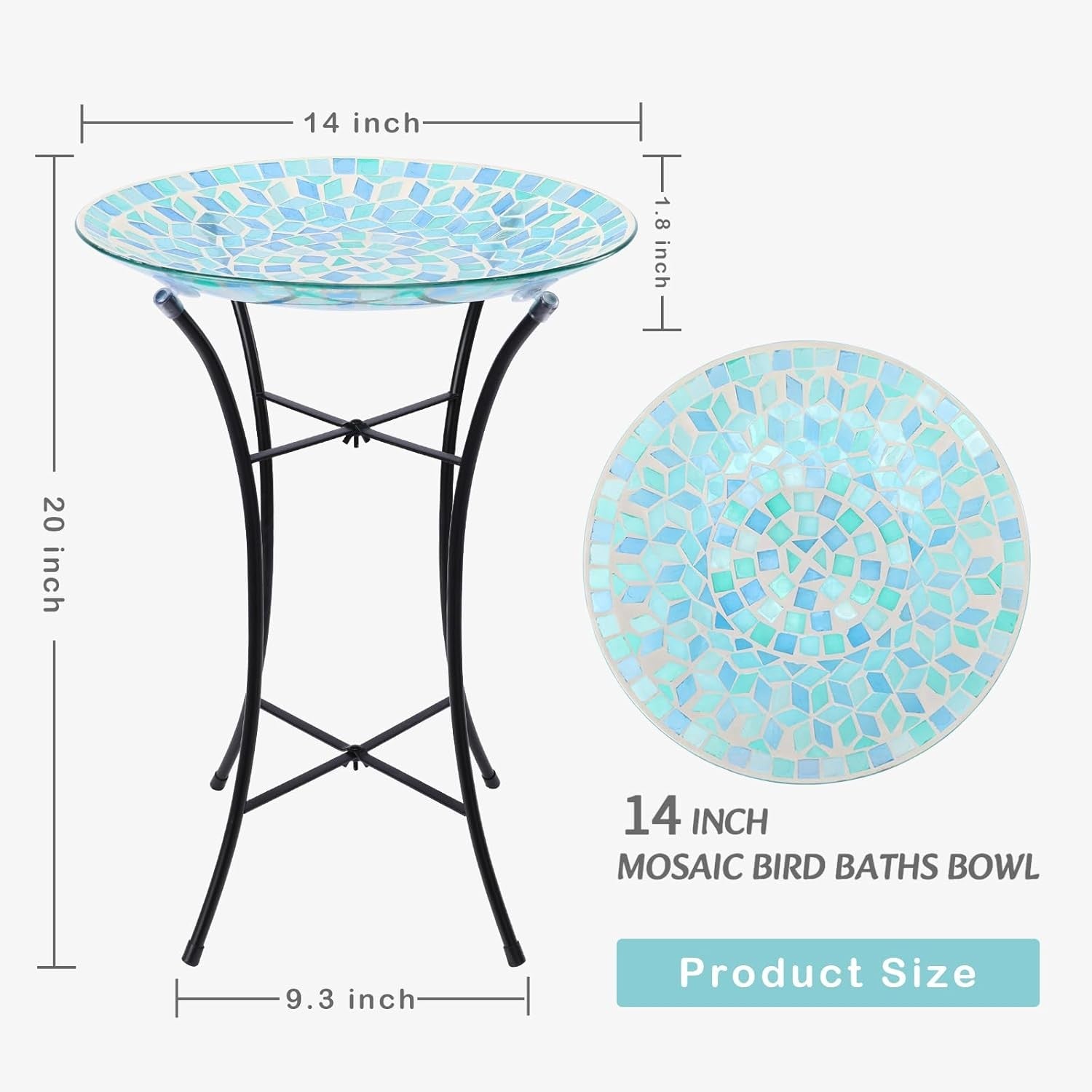 Blue Mosaic Bird Bath | 14" Glass Garden Bowl with Sturdy Metal Stand
