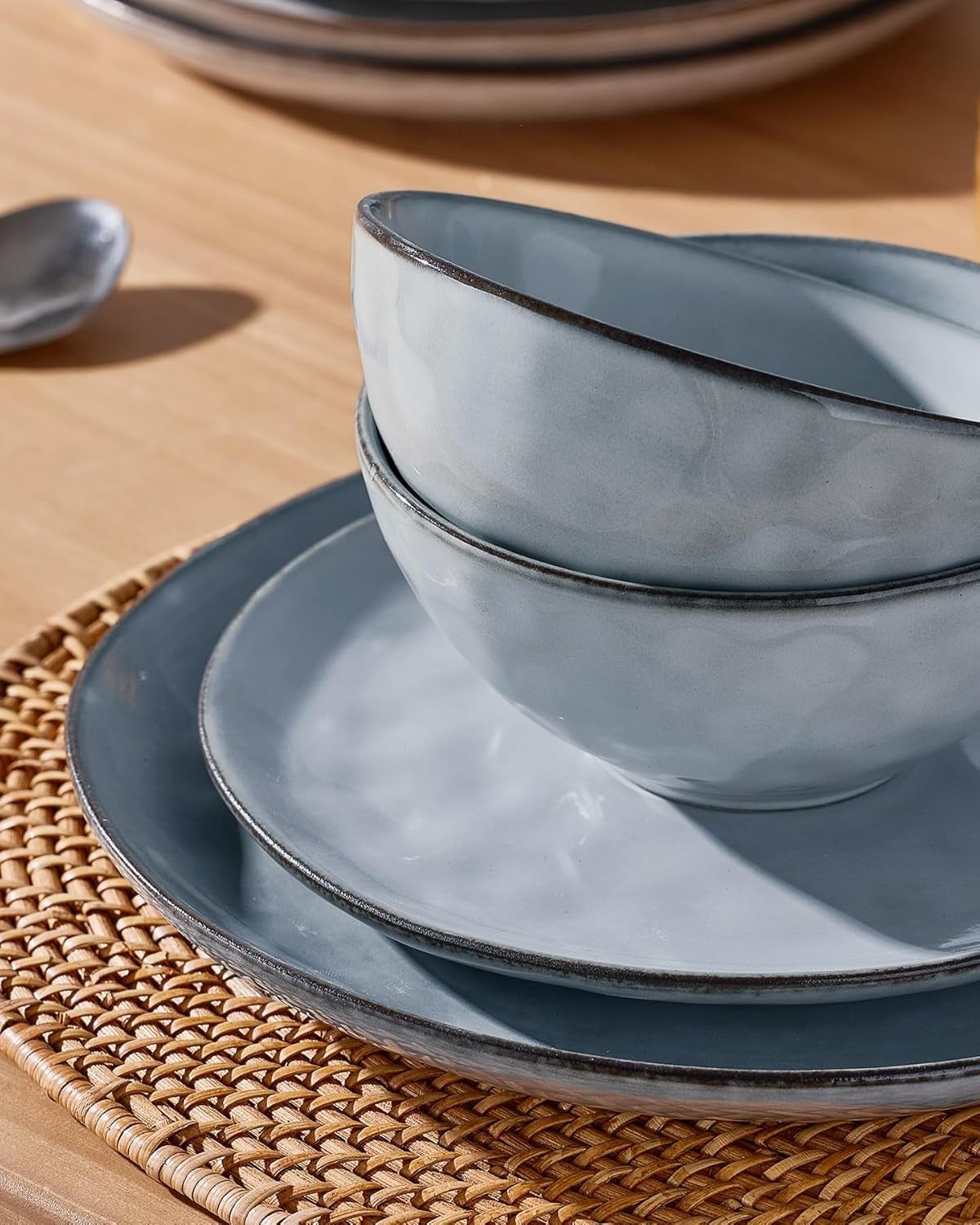 12pc Stoneware Dinner Set Wave Plates Bowls Dishwasher Microwave