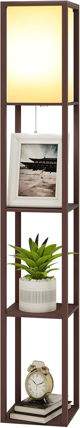 Floor Lamp with Shelves Wooden Storage Standing Light Reading Lamp Modern