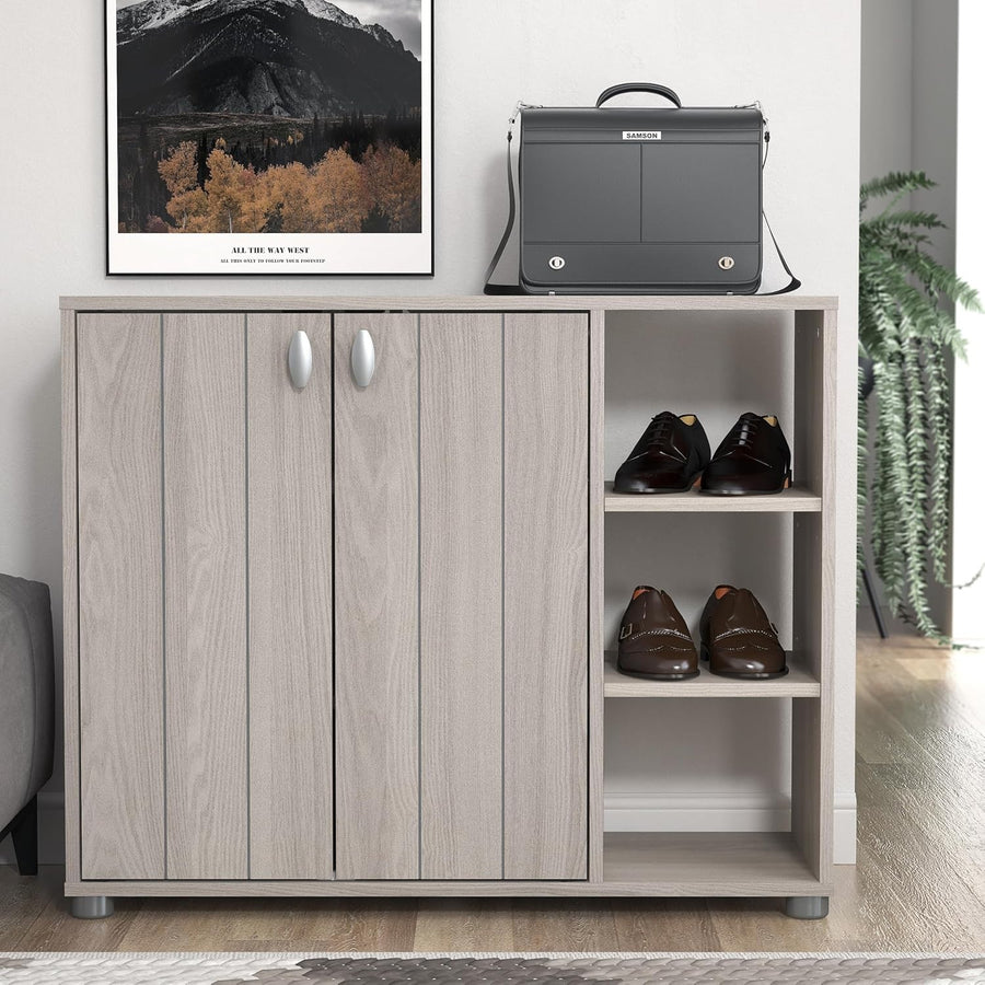 Warm Grey Oak 2-Door Shoe Cabinet 12-Pair Storage 79.6x35.3x64.6cm