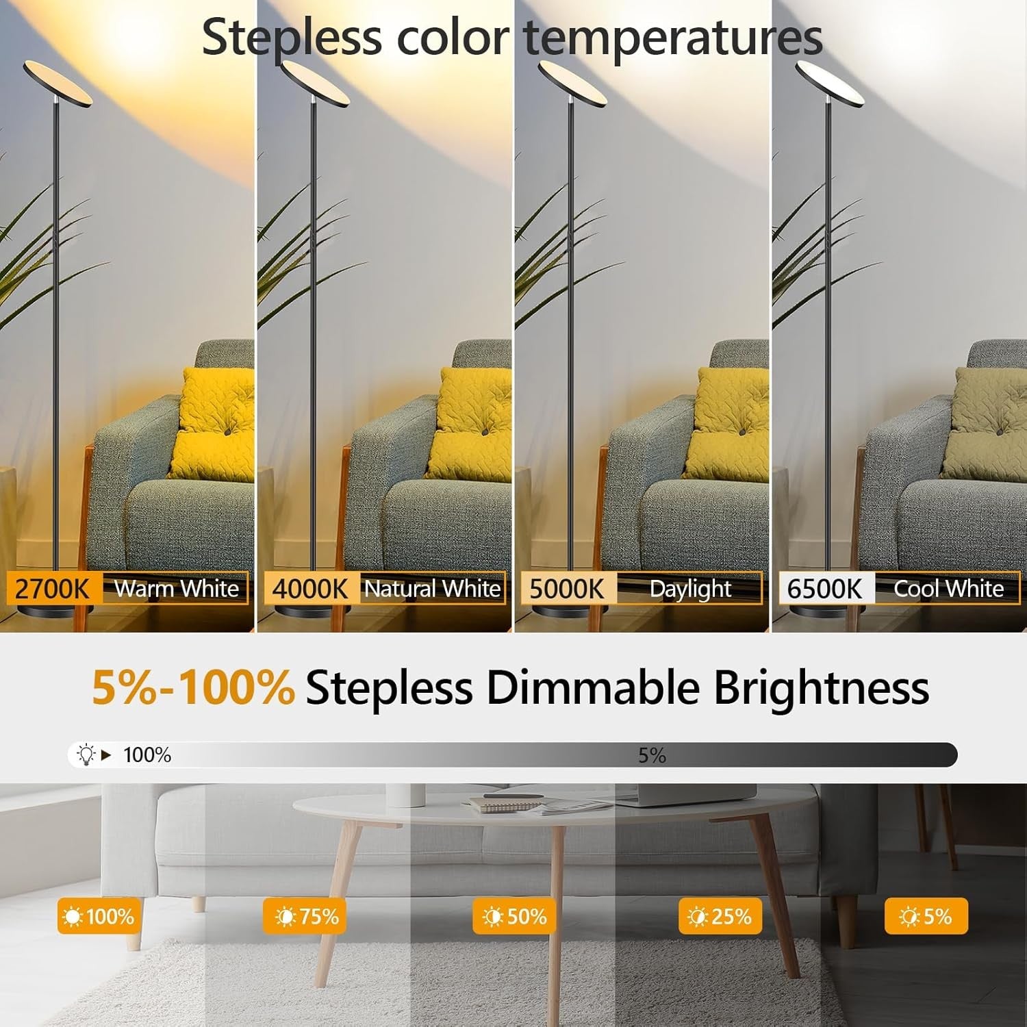 LED Uplighter Floor Lamp Dimmable 2700K-6500K Remote Touch Reading Light