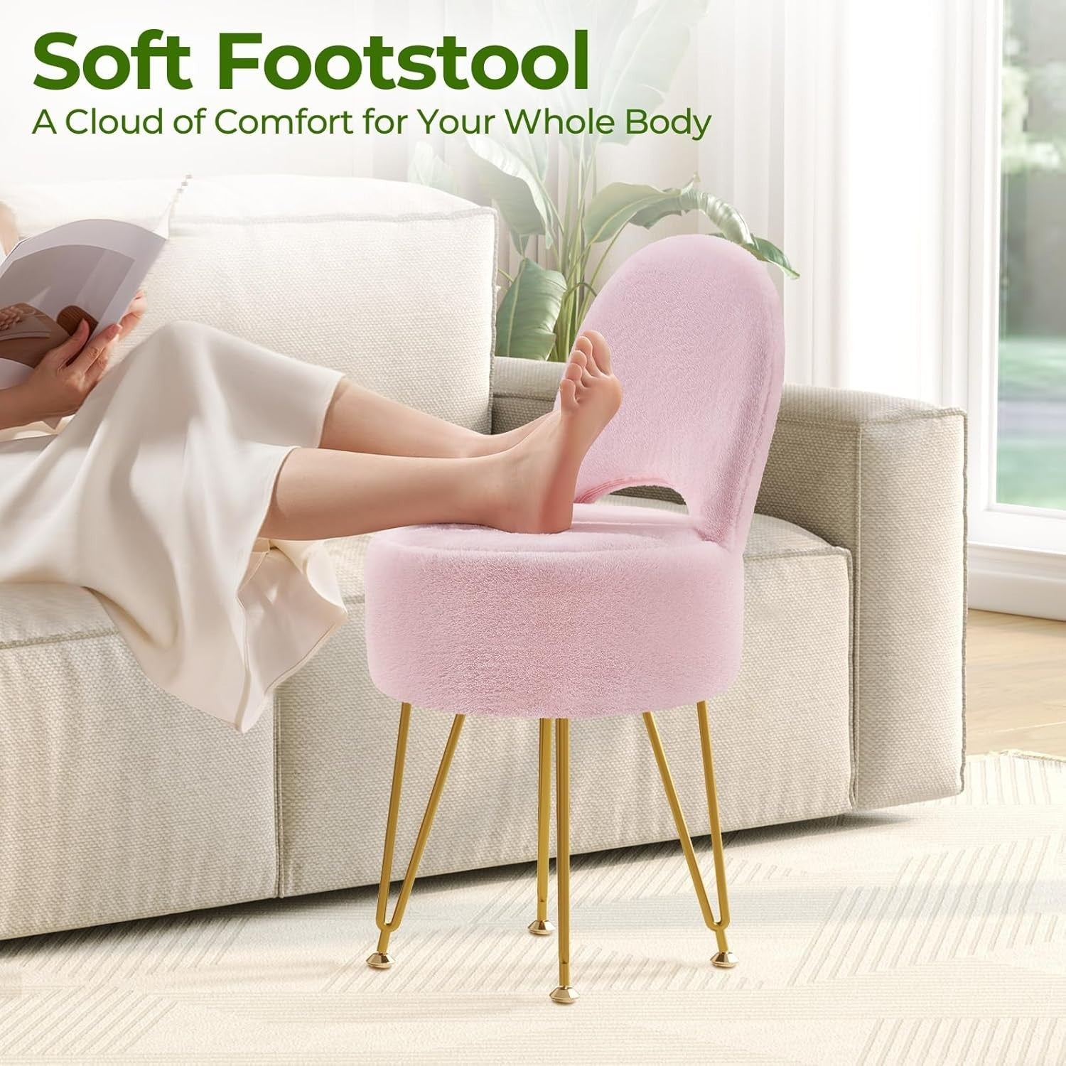 Pink Velvet Vanity Chair with Storage Foldable Backrest Footstool Small