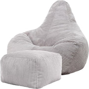 Grey Cord Recliner Bean Bag Chair w/ Footstool Set - Adult Lounge Seat