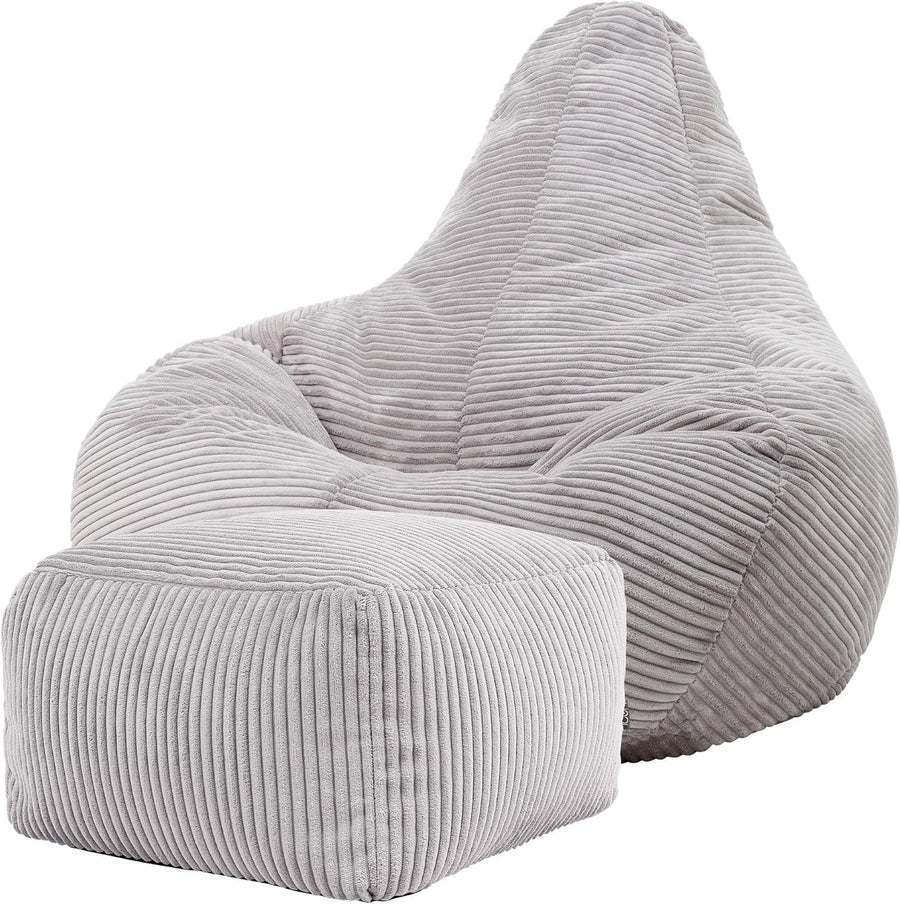 Grey Cord Recliner Bean Bag Chair w/ Footstool Set - Adult Lounge Seat