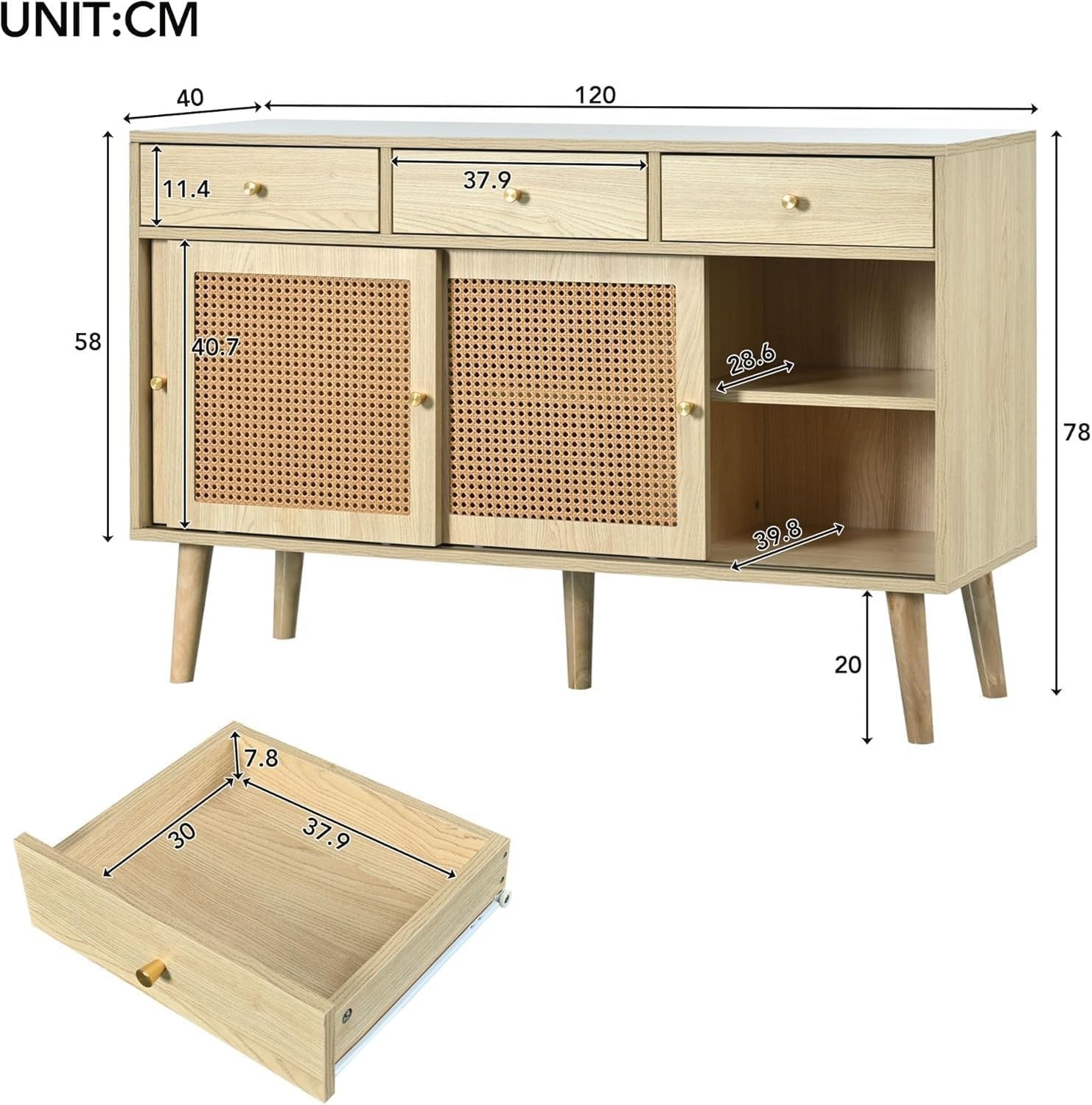 Modern Rattan Sideboard Storage Cabinet 3 Drawer 3 Door Oak Unit Hallway