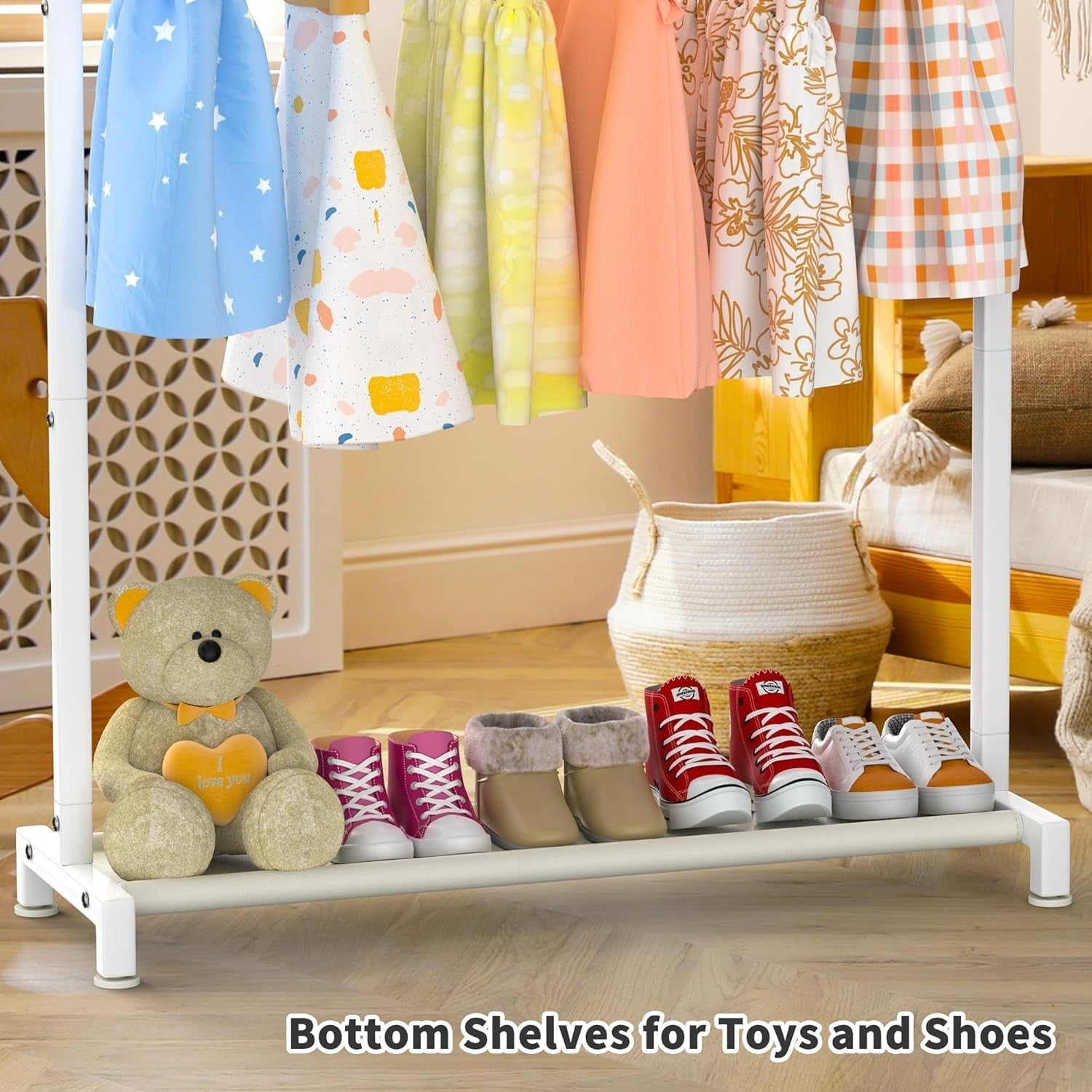 White Kids Clothing Rack with Shelf & Adjustable Feet 117cm