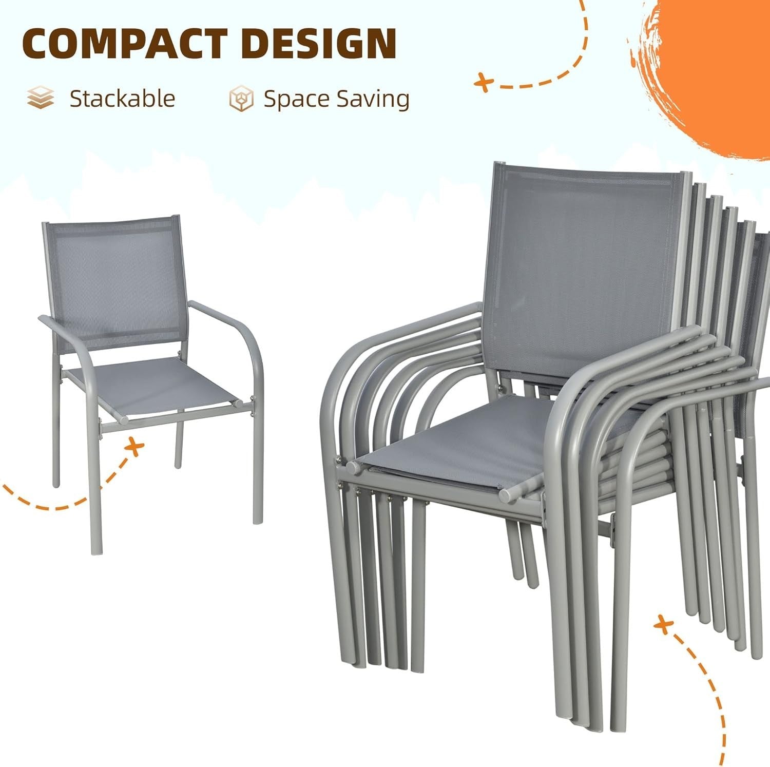 7-Piece Outdoor Garden Dining Set Table & 6 Stackable Chairs Grey