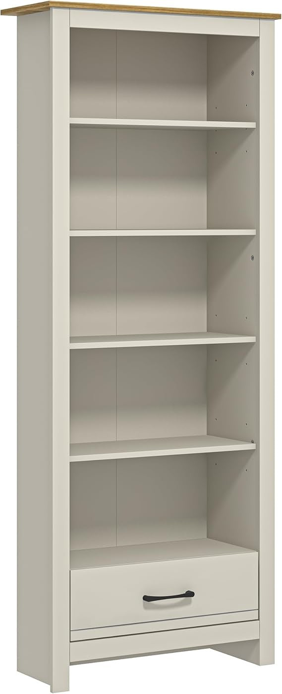 5-Tier Tall Bookcase with Drawer Light Grey Wooden Storage Shelf Unit