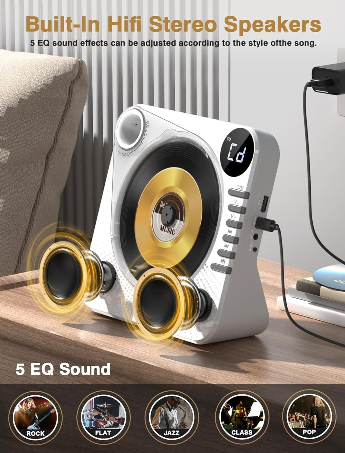 Bluetooth 5.1 CD Player w Speakers LED Display Remote USB AUX White