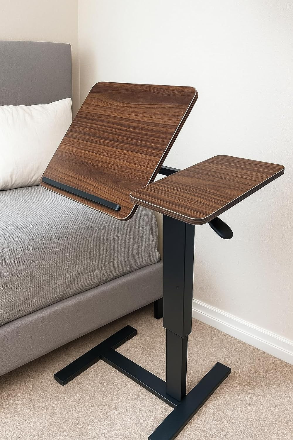 Height Adjustable Overbed Table Pneumatic Lift Split Top Laptop Desk Walnut