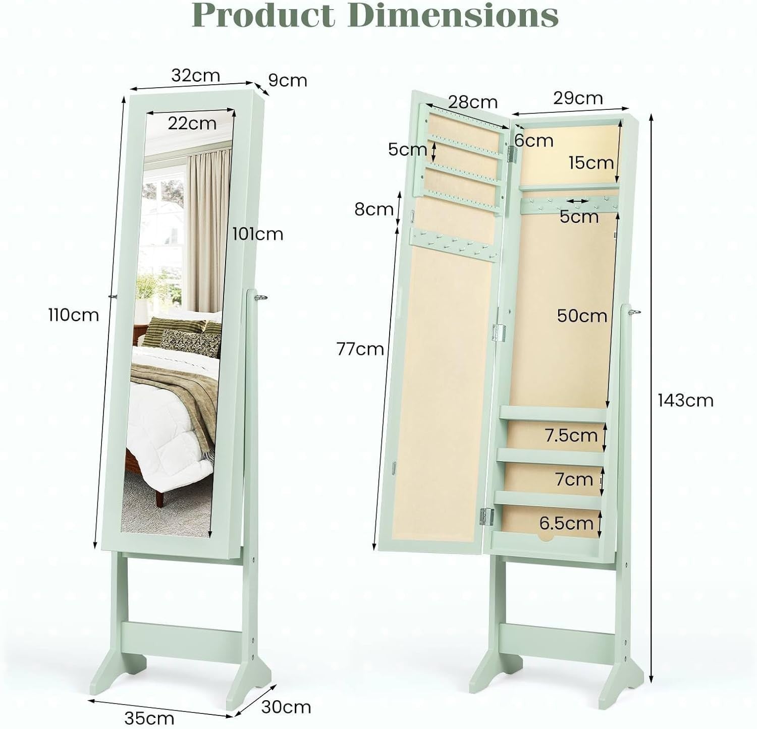 Freestanding Jewelry Cabinet Full Length Mirror Adjustable Storage Green