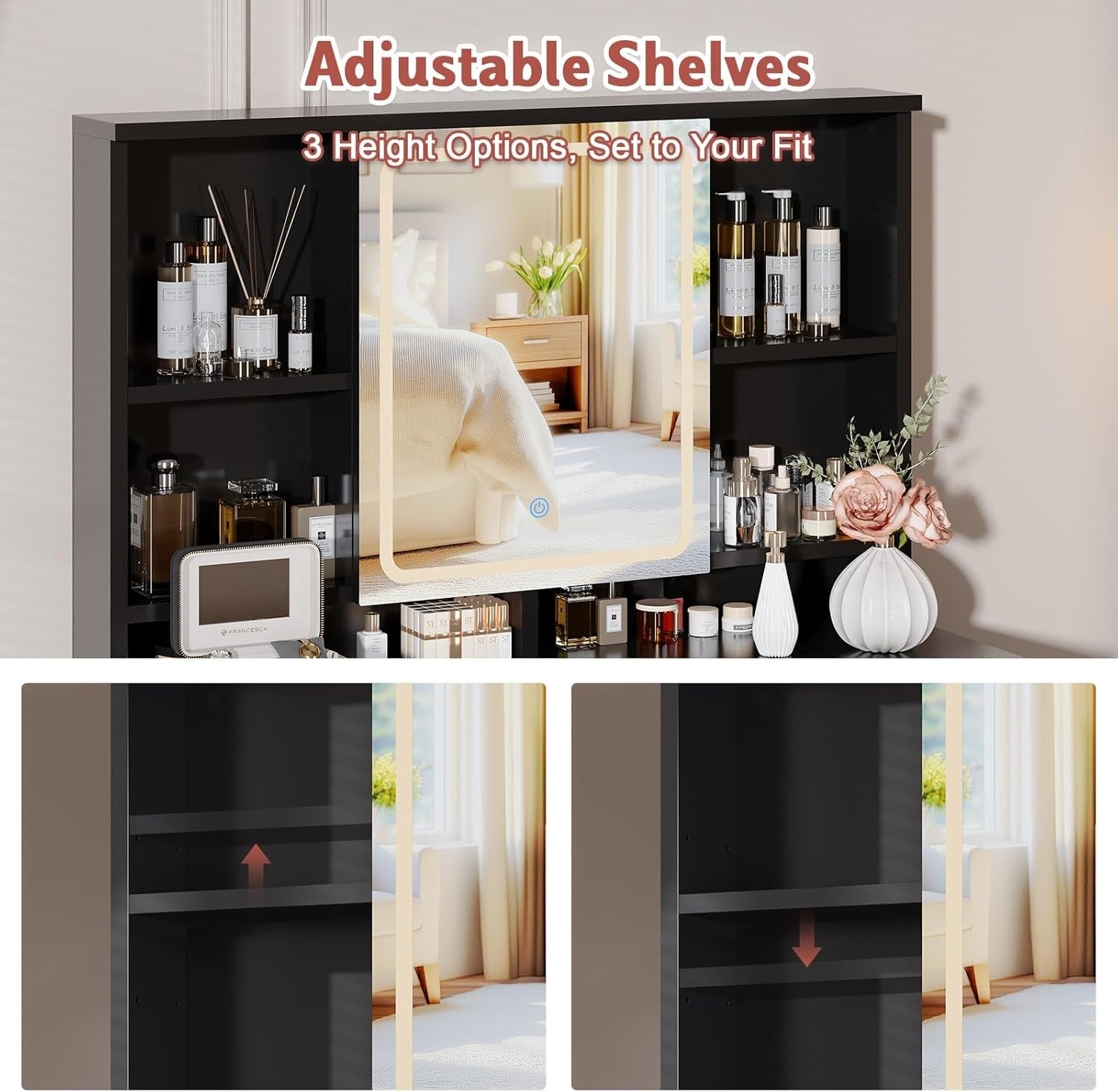 LED Dressing Table Black Vanity Desk 3-Colour Mirror Storage 2 Drawers Modern