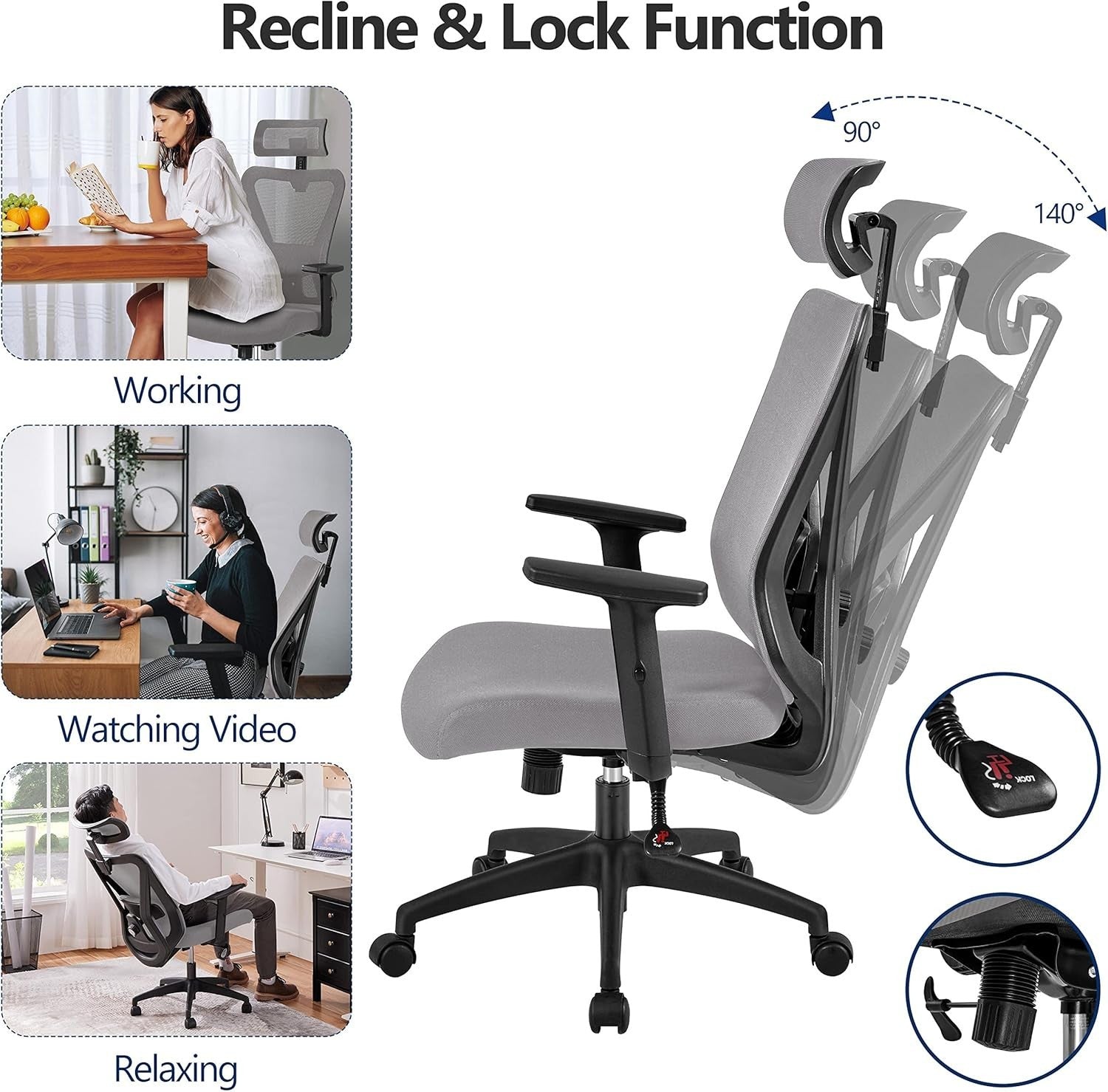 Ergonomic Mesh Office Chair Swivel Computer Desk Seat Reclining Grey 300lbs Max