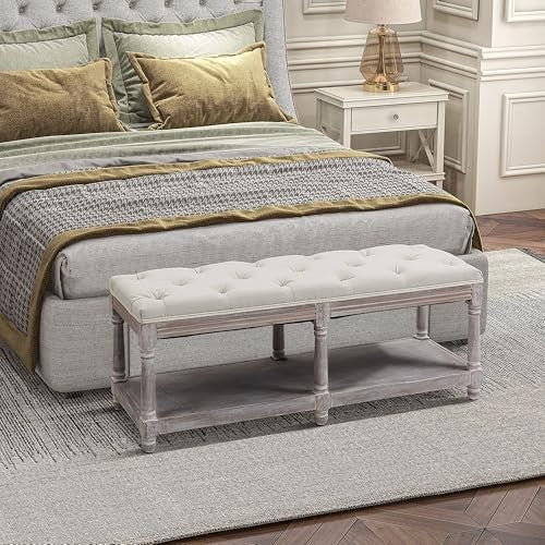 Cream White Upholstered Bed End Bench with Shelf, Tufted Seat Storage
