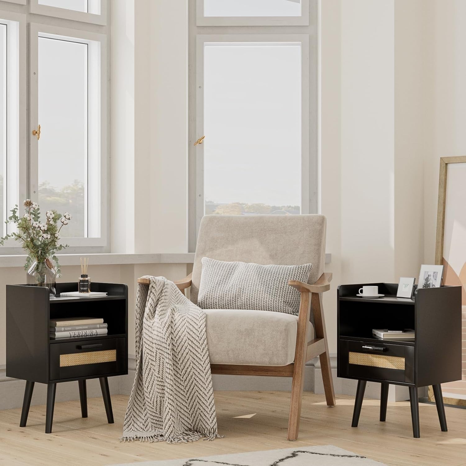 Black Rattan Bedside Table with Drawer & Shelf – Modern Wood Accent Nightstand